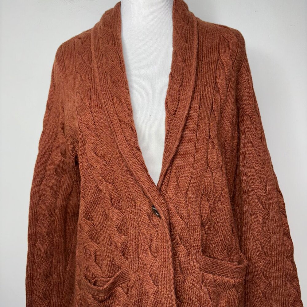 Talbots Wool Blend Cable Knit Cardigan Sweater M Brown Faux Leather Trim - Picture 4 of 14